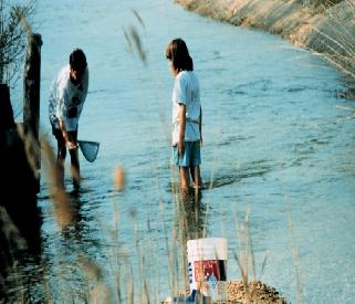 boy and girl wading in water